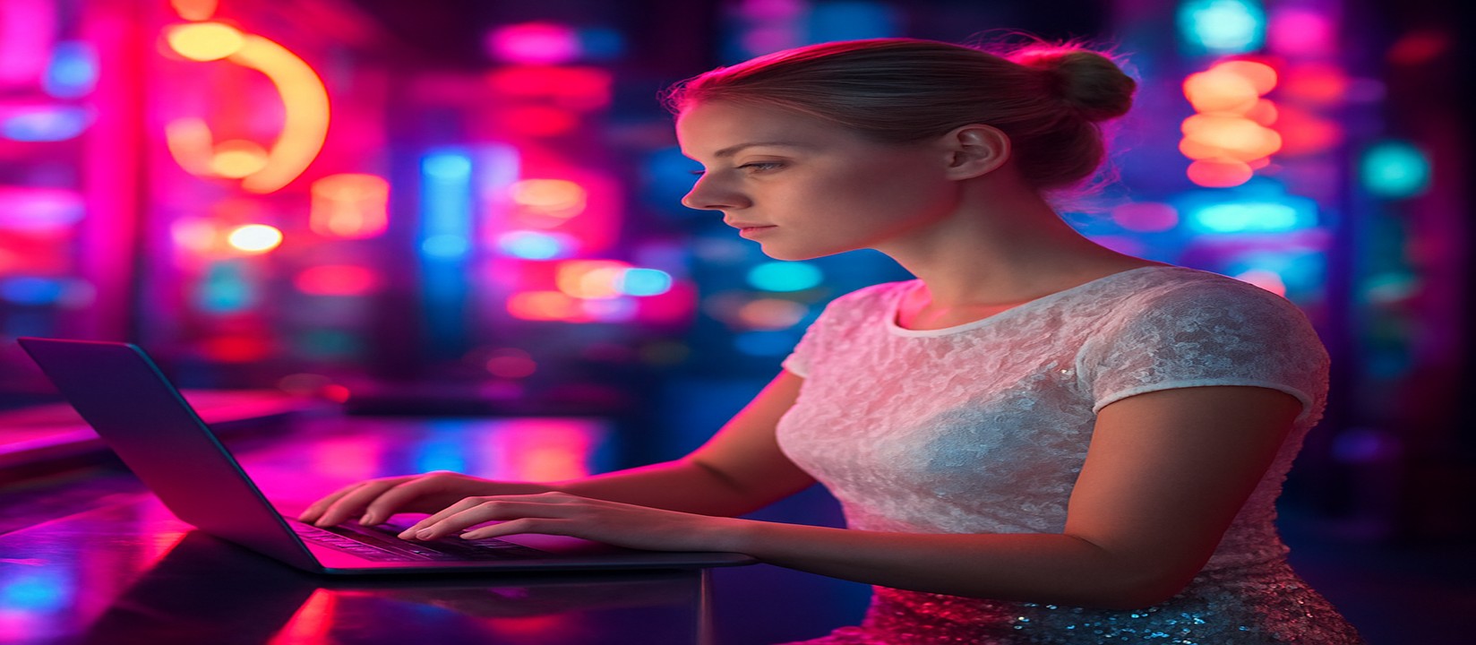 gbaje নিয়ন আলোয় বসে ল্যাপটপে এভিয়েটর-ধরনের গেম খেলছেন একজন নারী