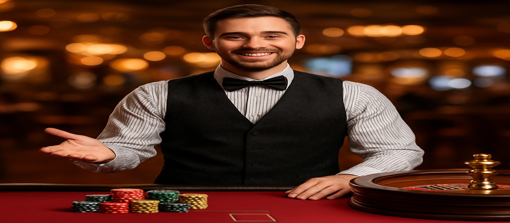 gbaje প্ল্যাটফর্মে লাইভ গেমিং টেবिलের কাছে বন্ধুসুলভ অপারেটর-সহ দৃশ্য