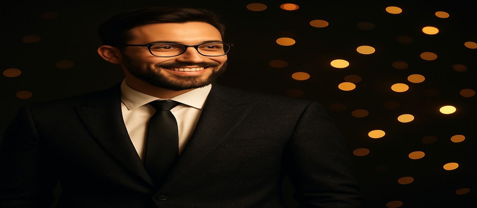 কালো স্যুট পরিহিত আত্মবিশ্বাসী একজন ব্যক্তি, চারপাশে ছড়িয়ে থাকা সোনালি আলো gbaje