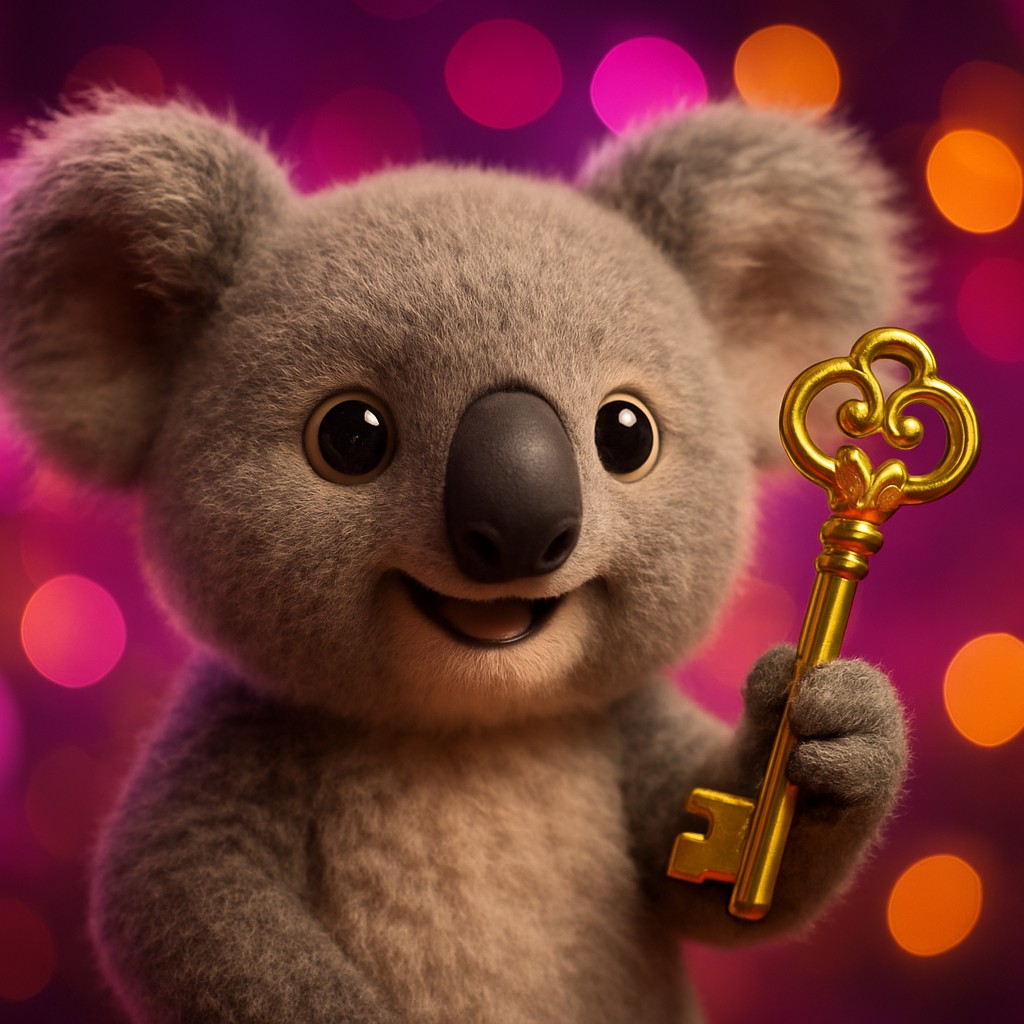 gbaje ব্র্যান্ডের অংশ হিসেবে উজ্জ্বল গেমিং প্রেক্ষাপটে সোনালি চাবি হাতে আনন্দিত একটি চরিত্র