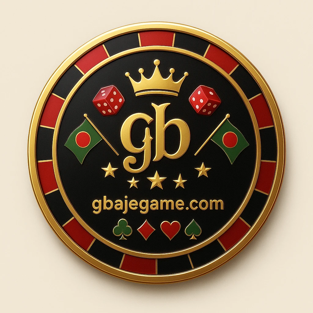 gbaje লোগোসহ সোনালি গেমিং প্ল্যাটফর্মটির প্রতীকসমূহ: চিপ, মুকুট, তারা, বাংলাদেশের পতাকা ও কার্ডের চিহ্ন