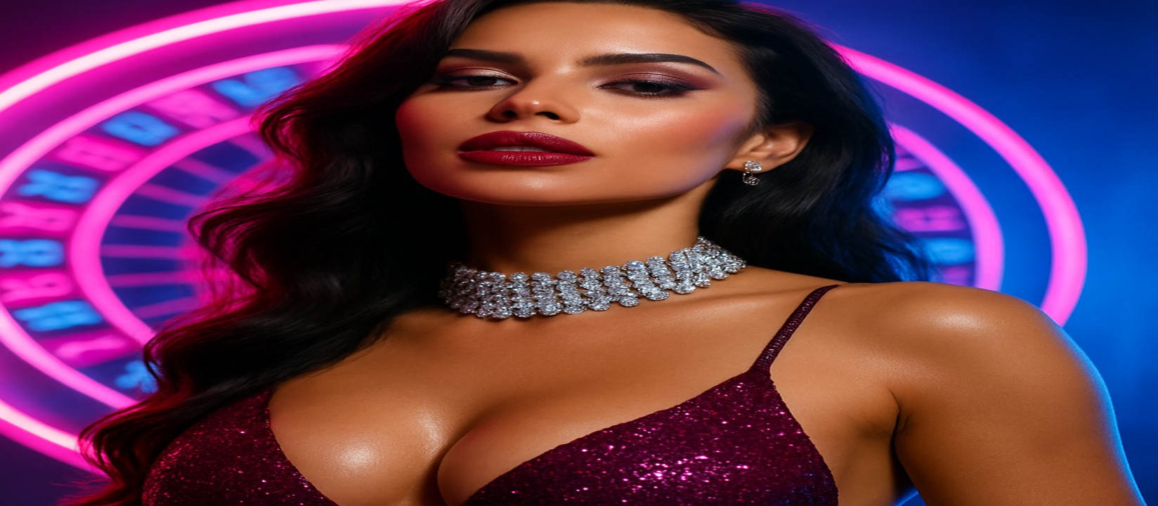 ঝলমলে বেগুনি পোশাকে এক নারী, পেছনে আলোকিত ঘূর্ণায়মান আইকন ও gbaje প্ল্যাটফর্ম-চিপ