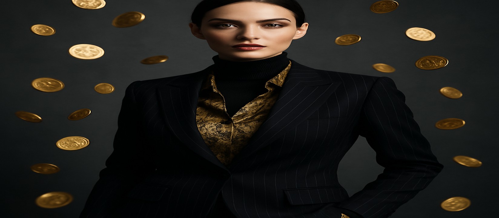 gbaje কালো ডোরাকাটা পোশাকে এক নারী, সোনালি আভায় ভরা, চারপাশে ভাসমান সোনার কয়েন