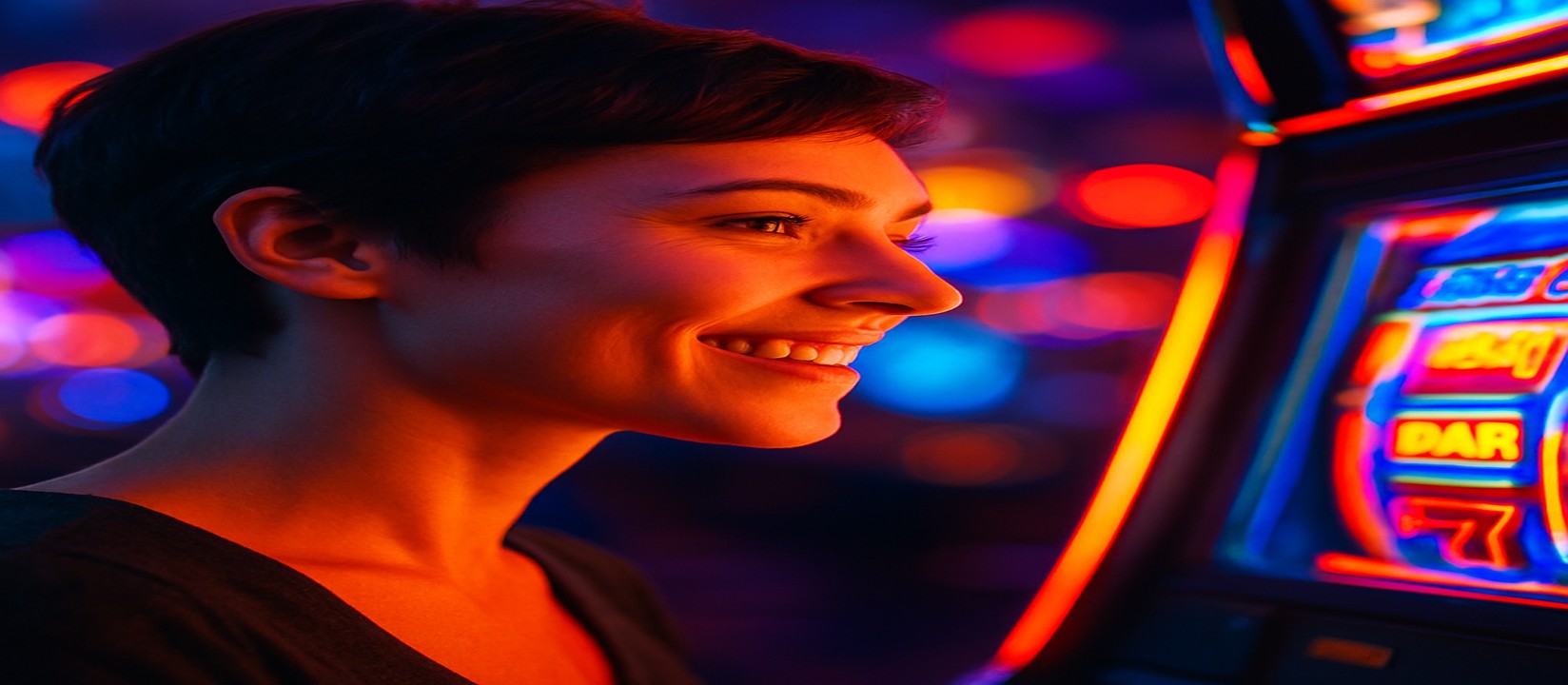 gbaje গেমিং প্ল্যাটফর্মে রঙিন আলোয় হাসিখুশি এক নারী আর্কেড গেম